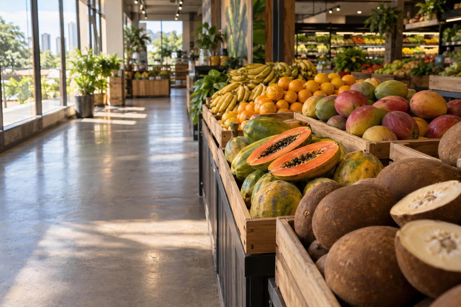 Corredor de hortifruti em loja associada AMASE — luz natural da manhã